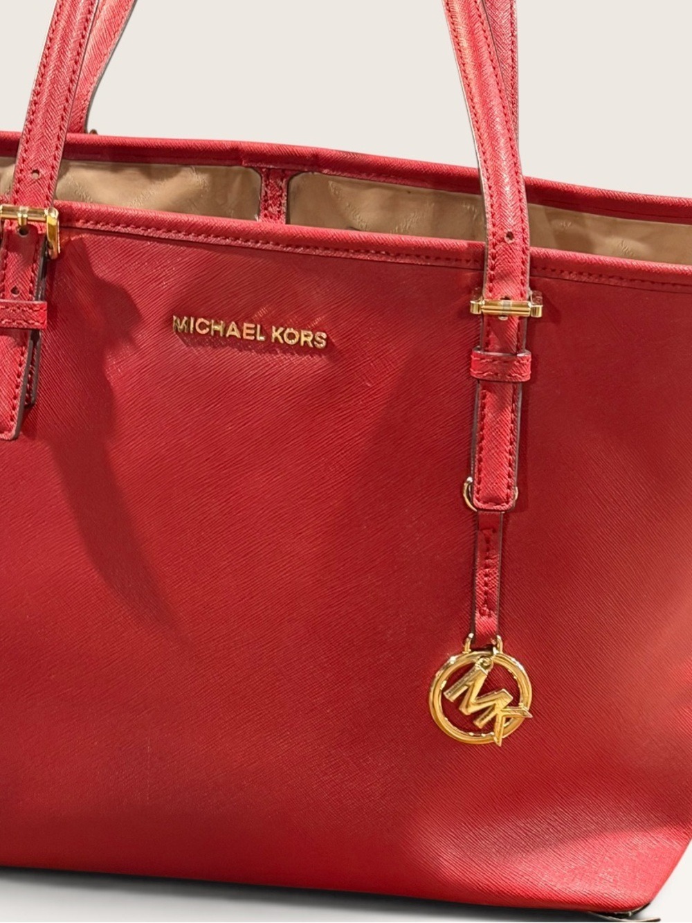 Michael Kors Red Saffiano Tote Bag - Picture 3 of 13